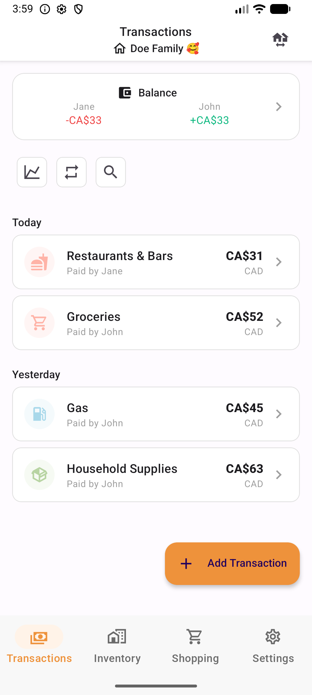ShareBills transactions and balances screen showing who owes whom
