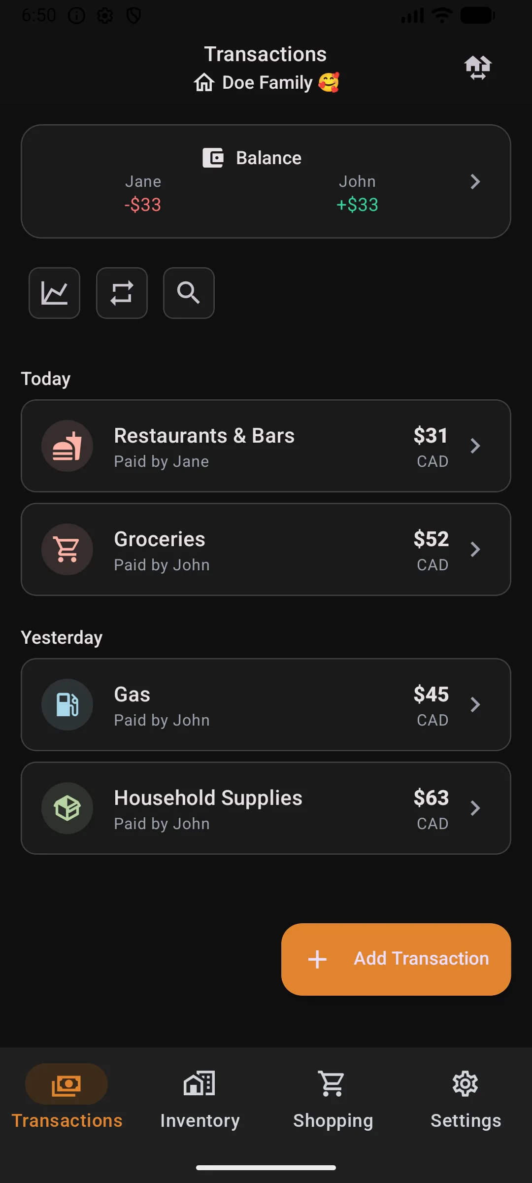 ShareBills expense splitting app showing group balances and transactions on a smartphone