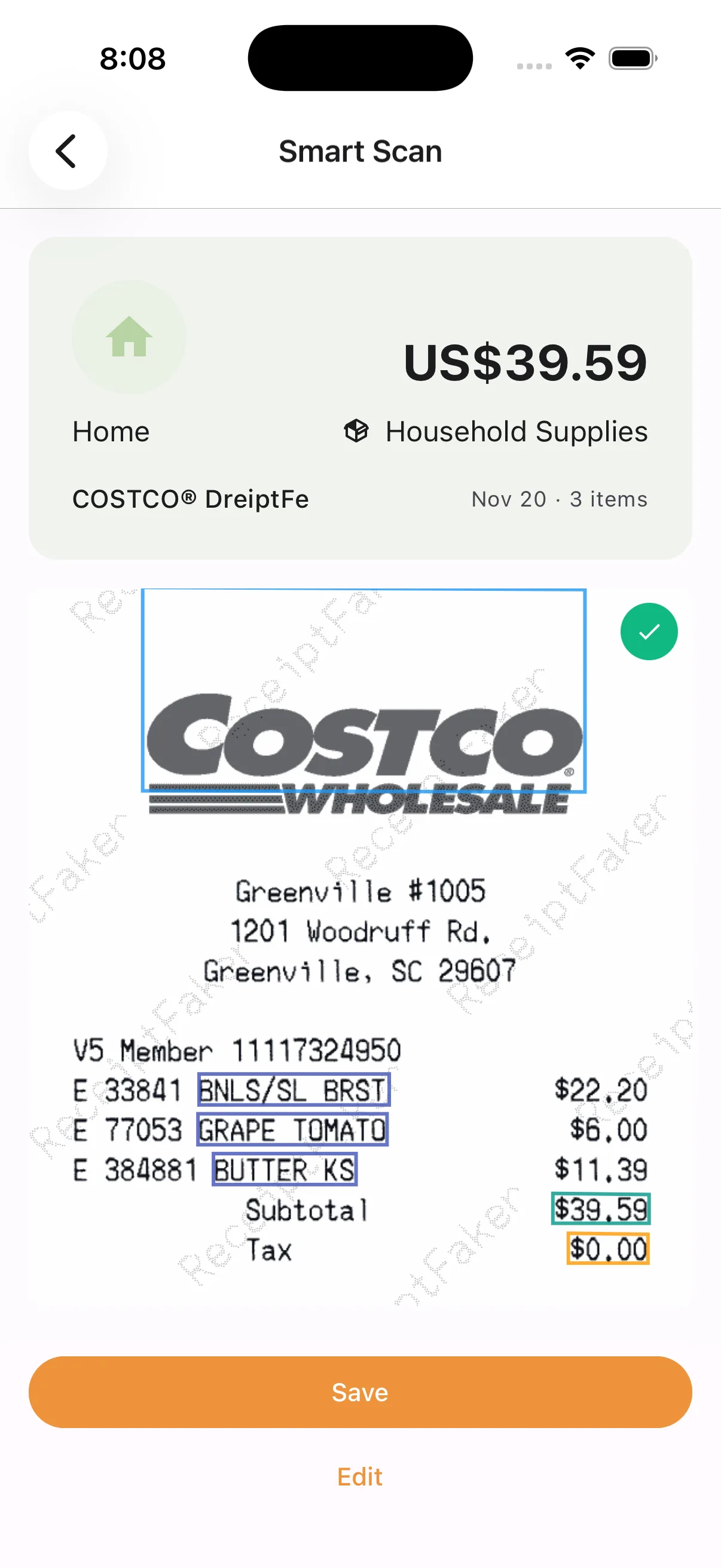 ShareBills AI-powered receipt scanning feature automatically extracting merchant name, date, and line items from a photo