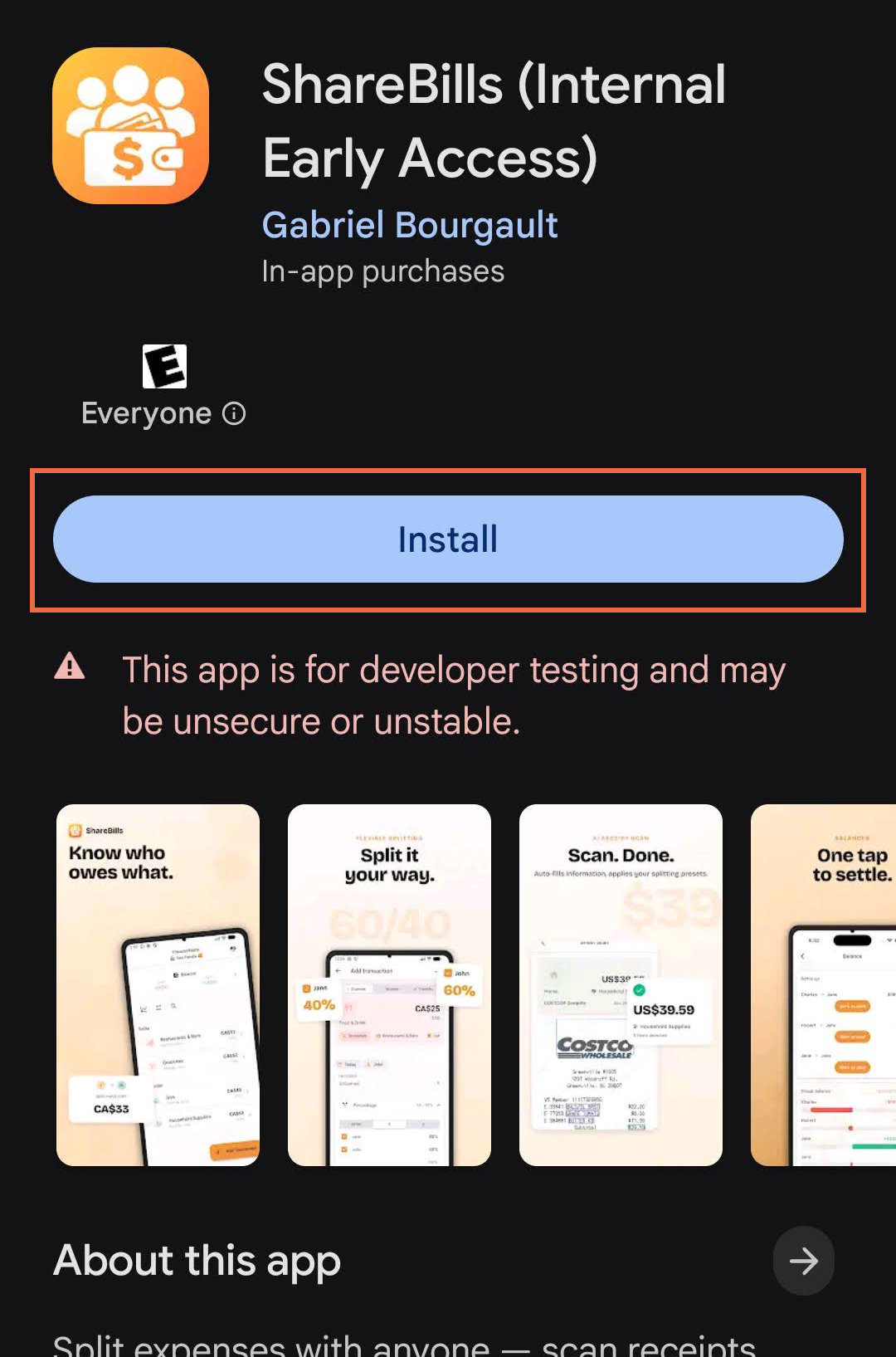 Le bouton « Installer » sur la fiche ShareBills du Google Play Store