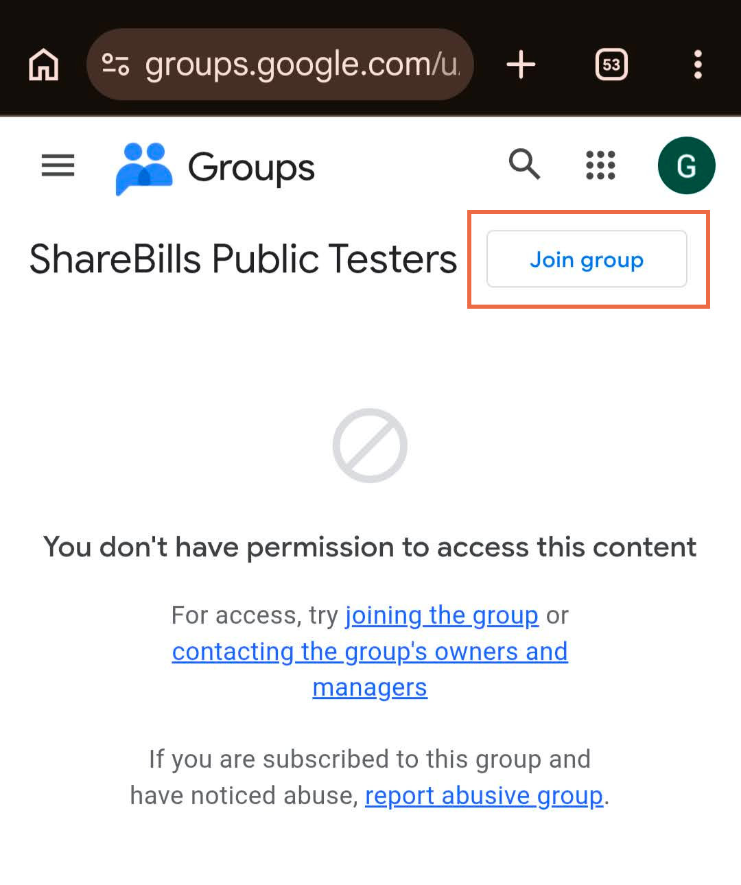 Le bouton « Rejoindre le groupe » sur la page Google Groups ShareBills Public Testers
