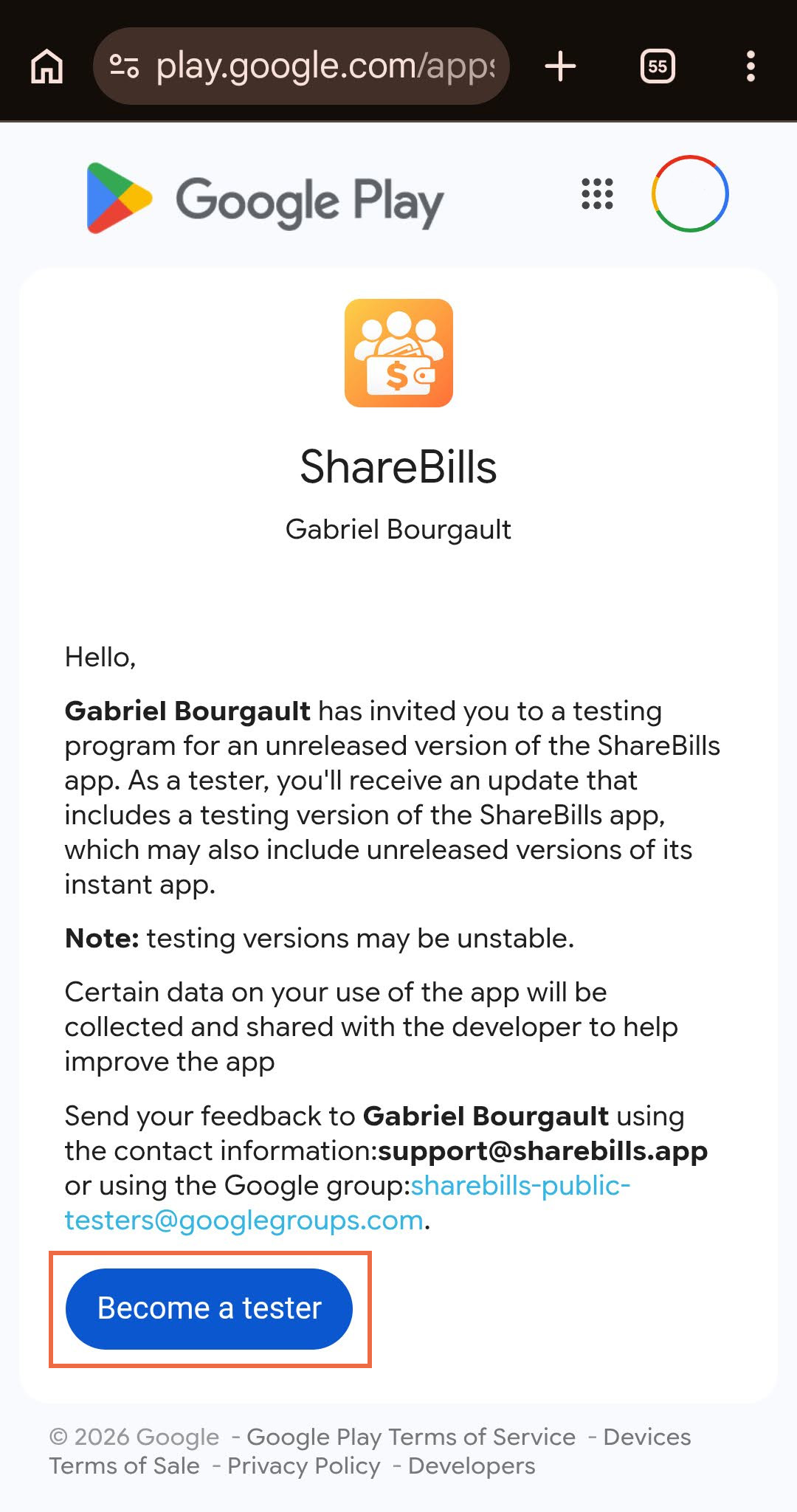 Le bouton « Devenir testeur » sur la page du programme de test Google Play de ShareBills
